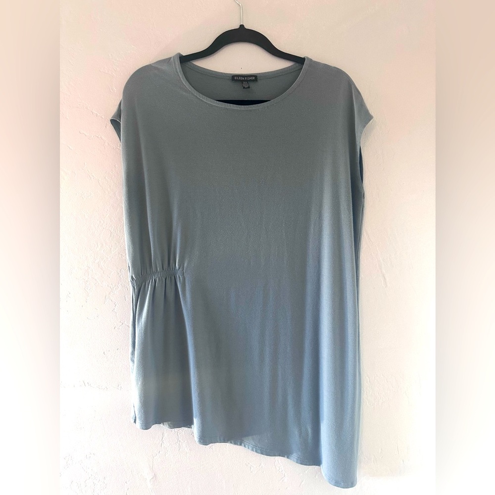 EILEEN FISHER Blue Tunic Top Pleated Scoop Neck Dolman Sleeve Pullover Size S